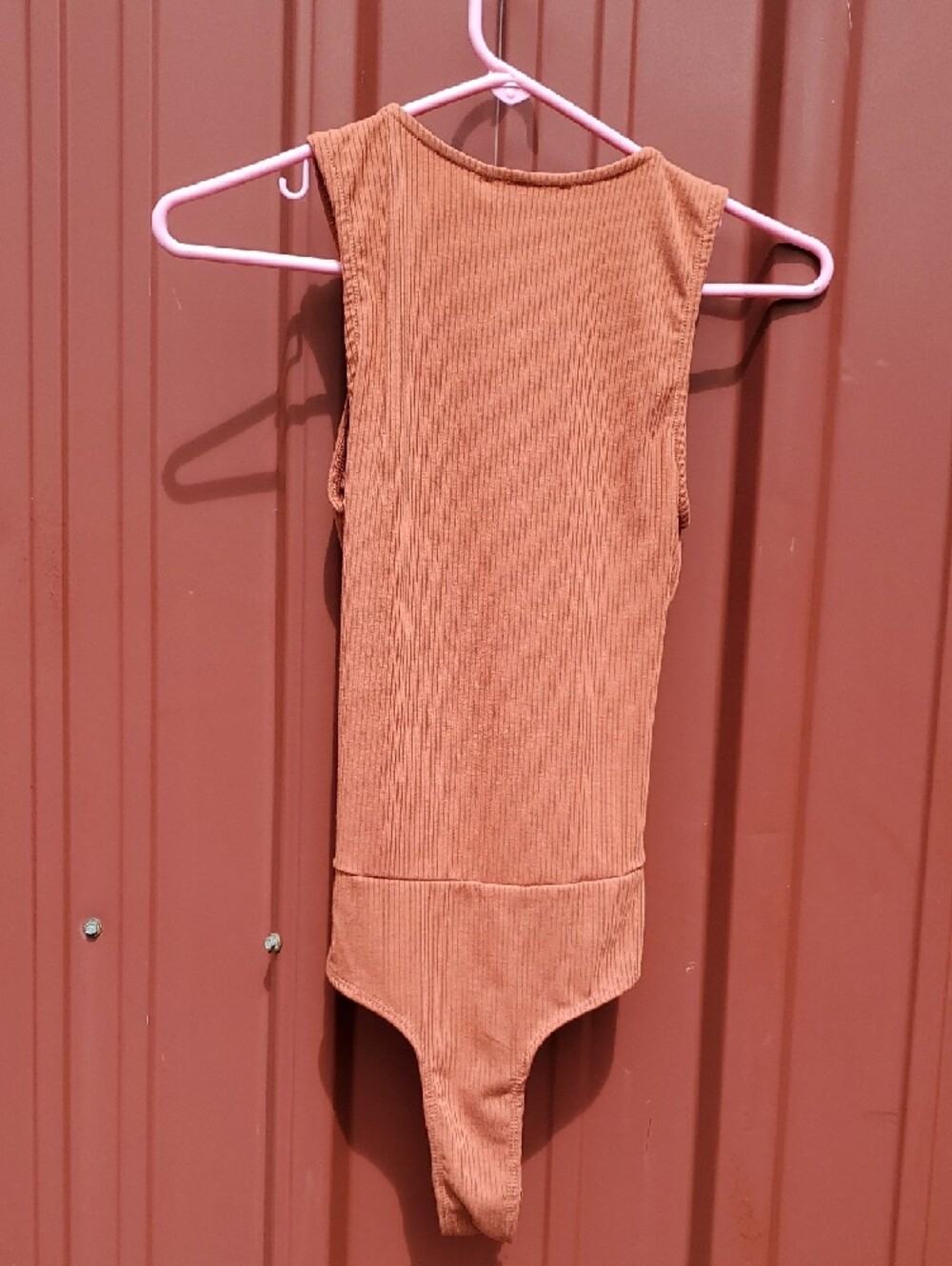 Lulu's XS Rust Ribbed One-Piece Bodysuit with Front Ruching - Picture 5 of 10